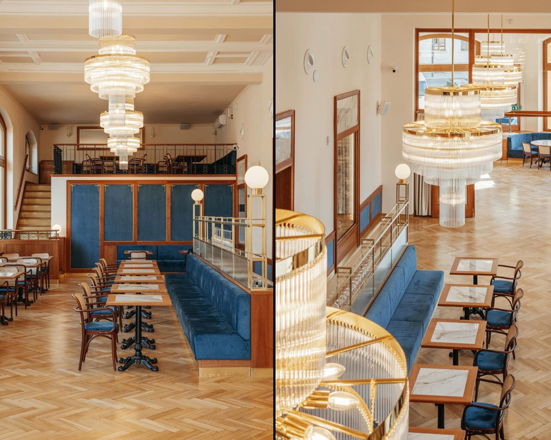 Обеденный зал Café Otava с синими мягкими диванами, паркетом «ёлочкой» и слоистыми латунными люстрами, справа вид с галереи второго этажа