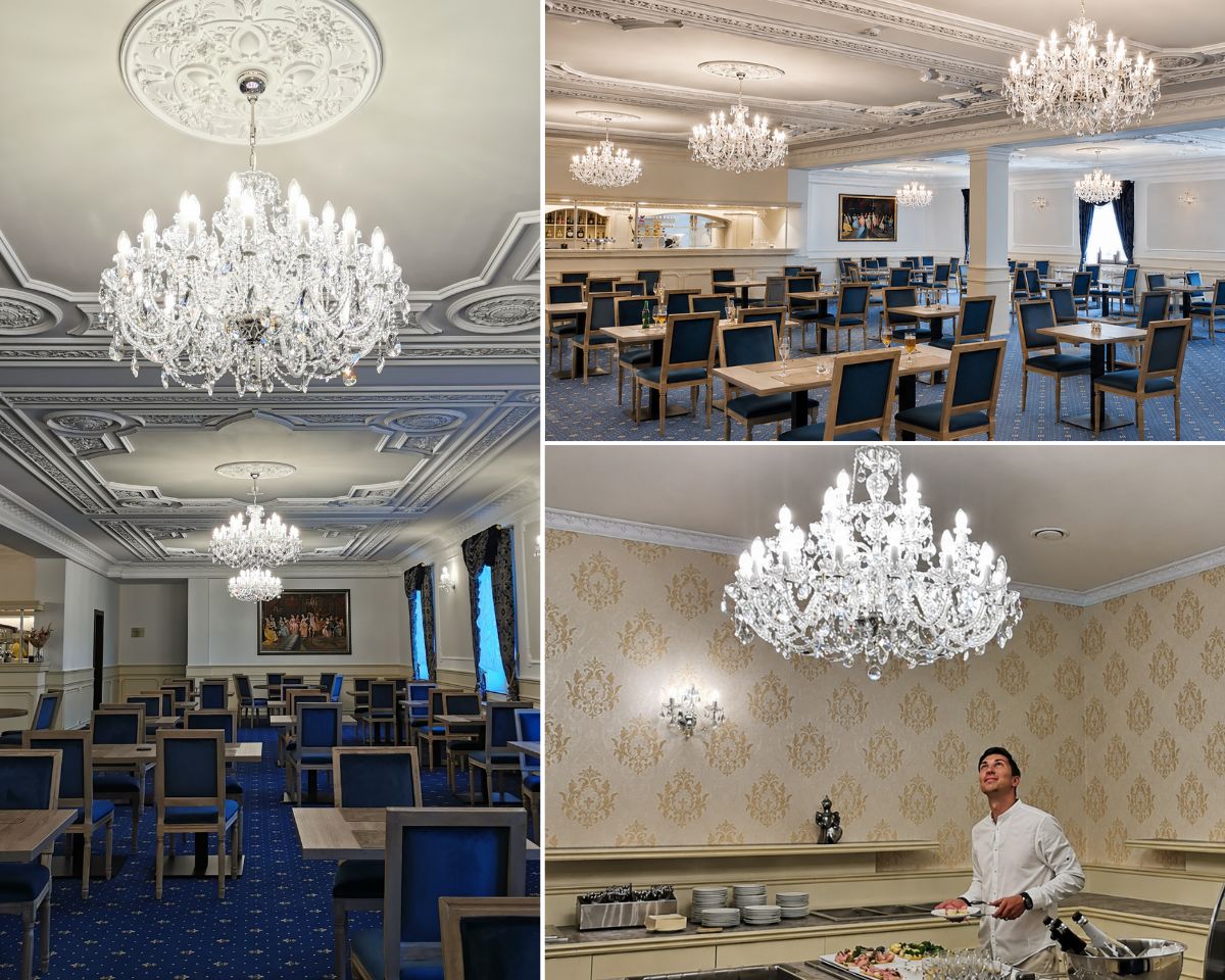 Представительный ресторан замкового отеля Chateau Šanov с высокими потолками, украшенными лепниной, и рядом люстр из чешского гранёного хрусталя. Свет равномерно распределяется по всей длине зала, подчёркивая историческую элегантность интерьера.